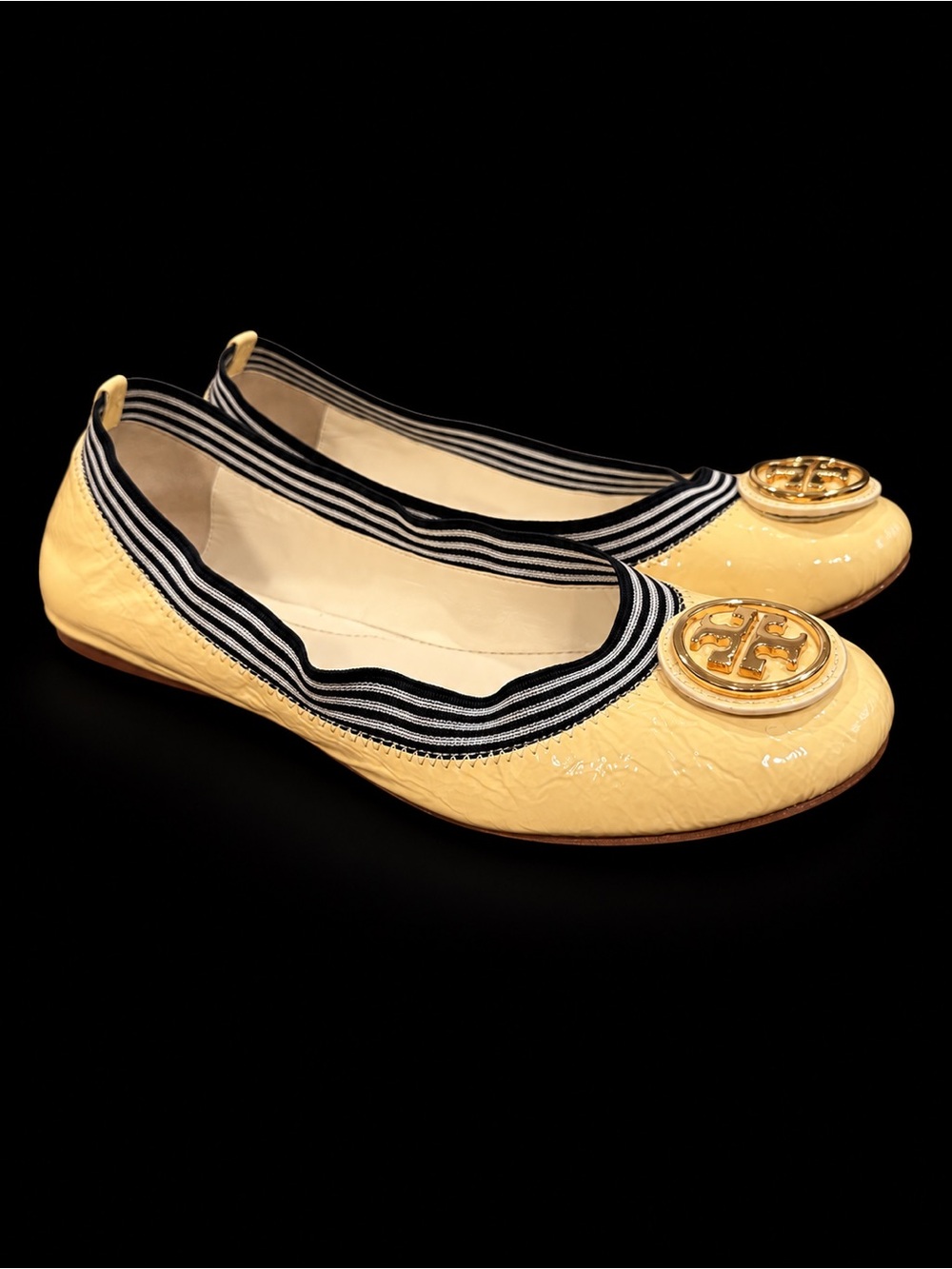 Tory Burch Patent Yellow Ballet Flats with Gold Logo Medallion